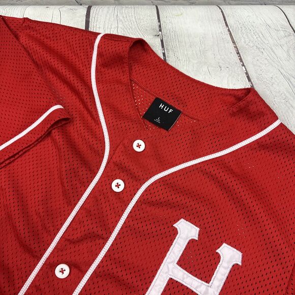 HUF Worldwide Streetwear Mens Size Large Mesh Baseball Jersey Red Short Sleeve‎ - Picture 1 of 9